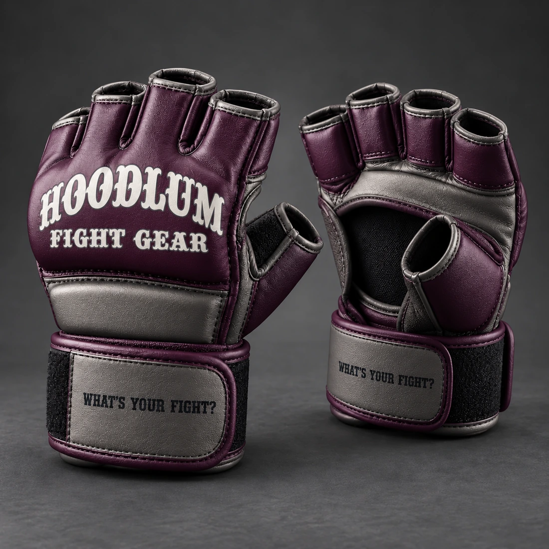 Onyx MMA Gloves — Plum / Pewter — Three-quarter view (AI demo concept)