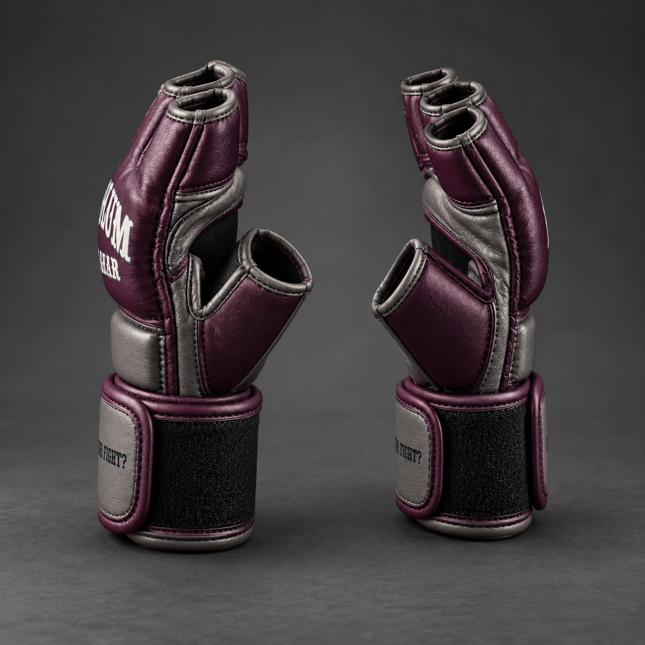 Onyx MMA Gloves — Plum / Pewter — Opposite-side view (AI demo concept)