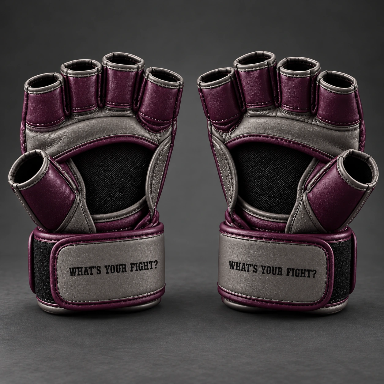 Onyx MMA Gloves — Plum / Pewter — Rear view (AI demo concept)
