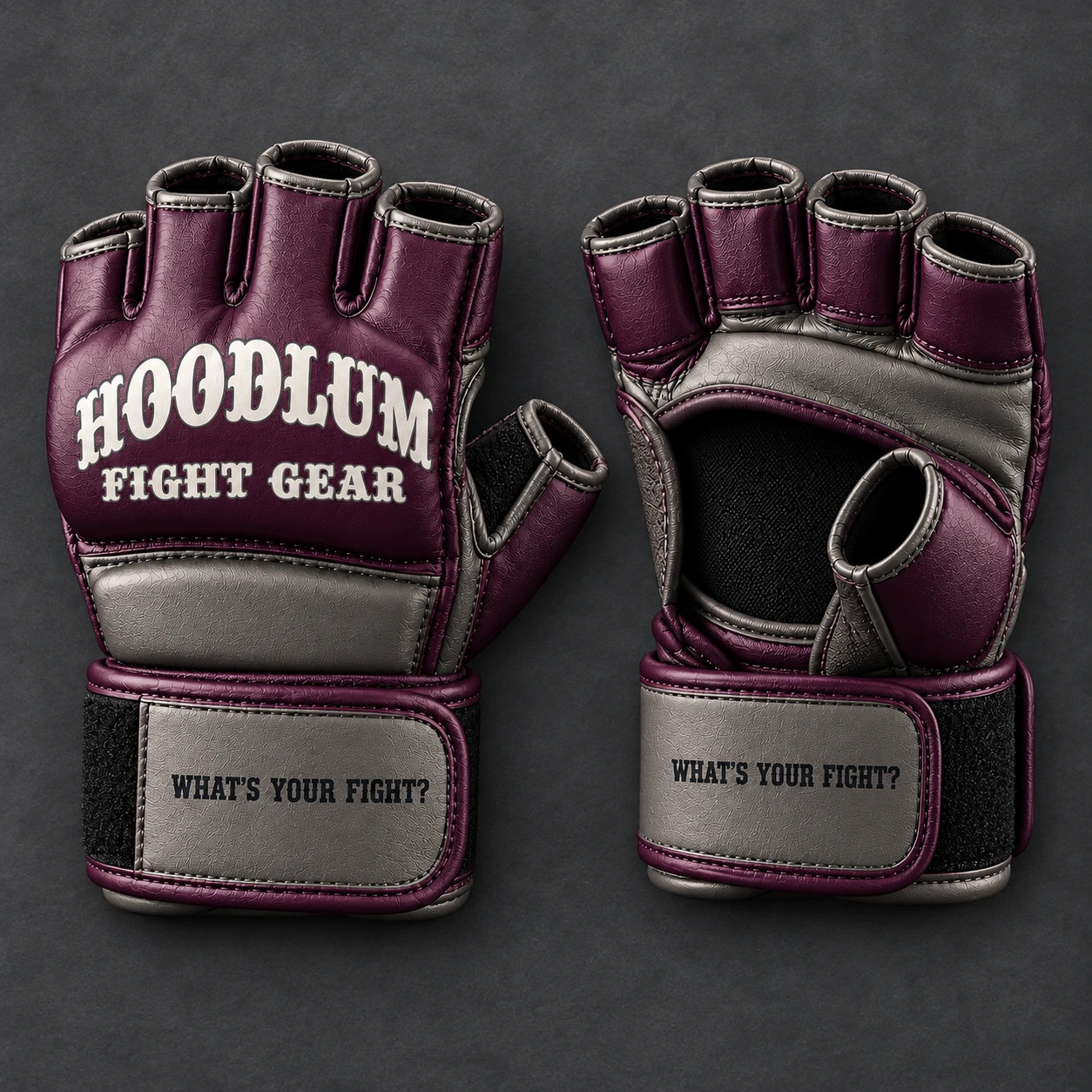 Onyx MMA Gloves — Plum / Pewter — Top view (AI demo concept)