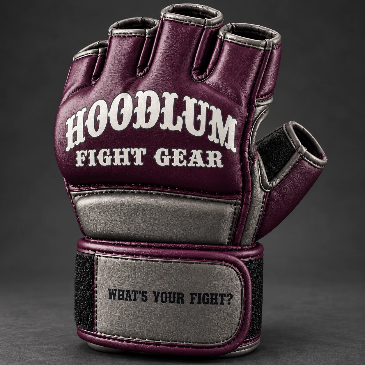 Onyx MMA Gloves — Plum / Pewter — Branding detail (AI demo concept)