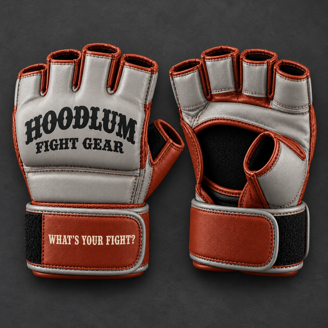Onyx MMA Gloves — Stone / Rust — Top view (AI demo concept)