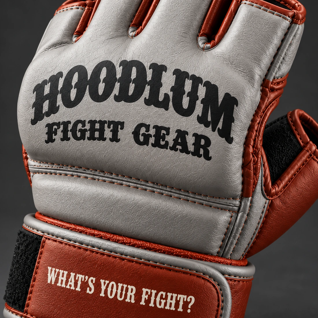 Onyx MMA Gloves — Stone / Rust — Branding detail (AI demo concept)