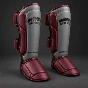 Onyx Shin Guards — Ash / Burgundy — Three-quarter view (AI demo concept)