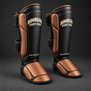 Onyx Shin Guards — Black / Copper — Three-quarter view (AI demo concept)