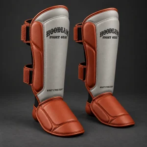 Onyx Shin Guards — Stone / Rust — Three-quarter view (AI demo concept)