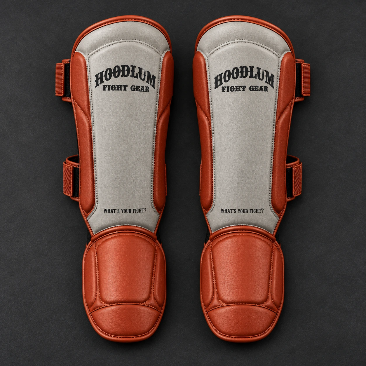 Onyx Shin Guards — Stone / Rust — Top view (AI demo concept)