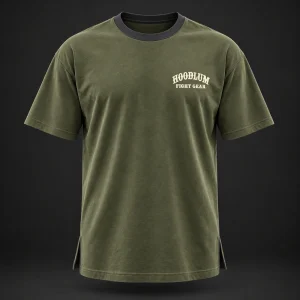 Quiet Rounds Longline Tee — Olive / Carbon — Front view (AI demo concept)