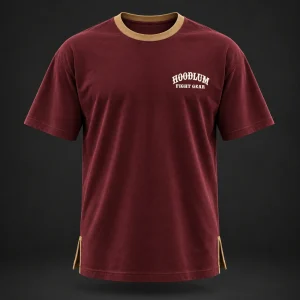 Quiet Rounds Longline Tee — Oxblood / Brass — Front view (AI demo concept)