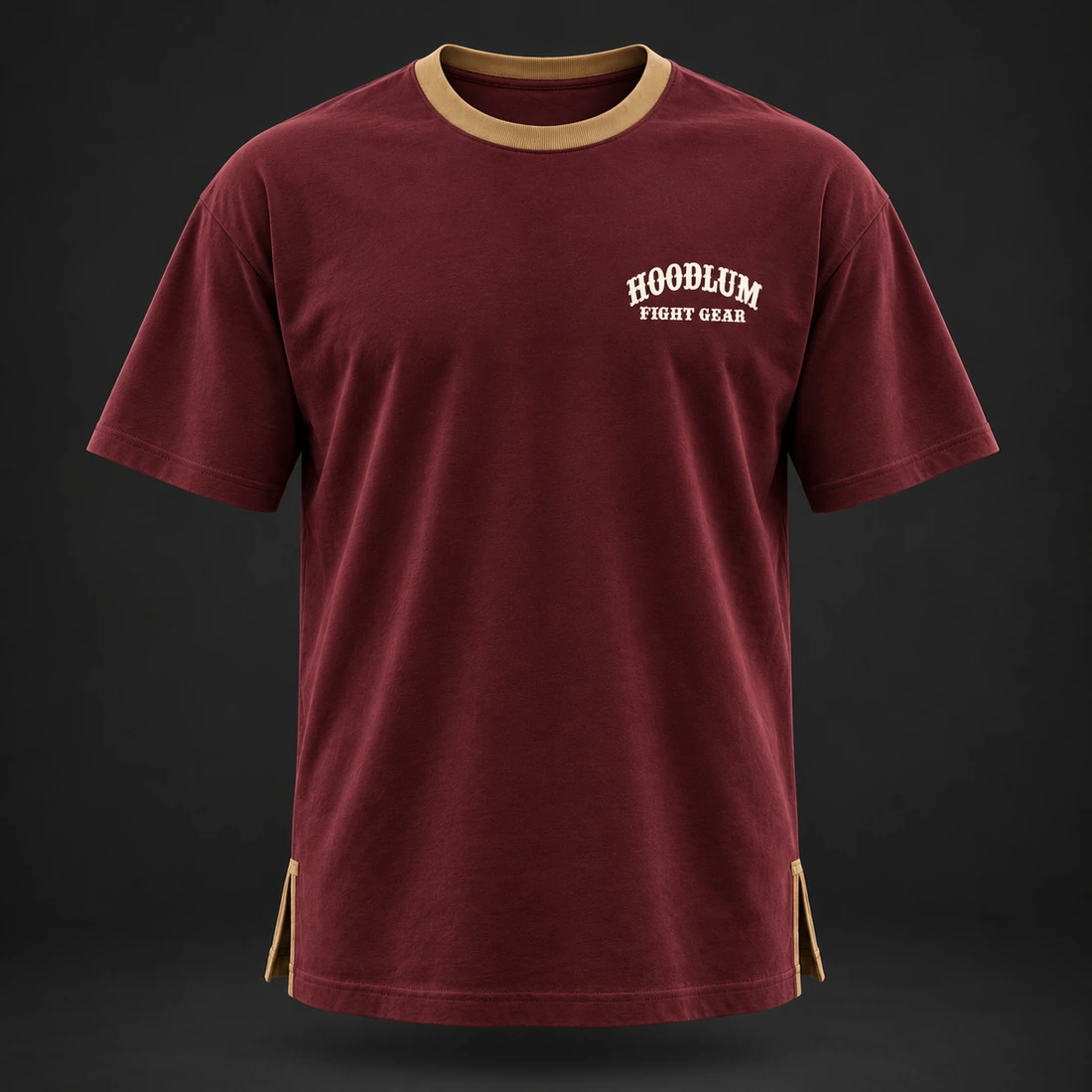 Quiet Rounds Longline Tee — Oxblood / Brass — Front view (AI demo concept)
