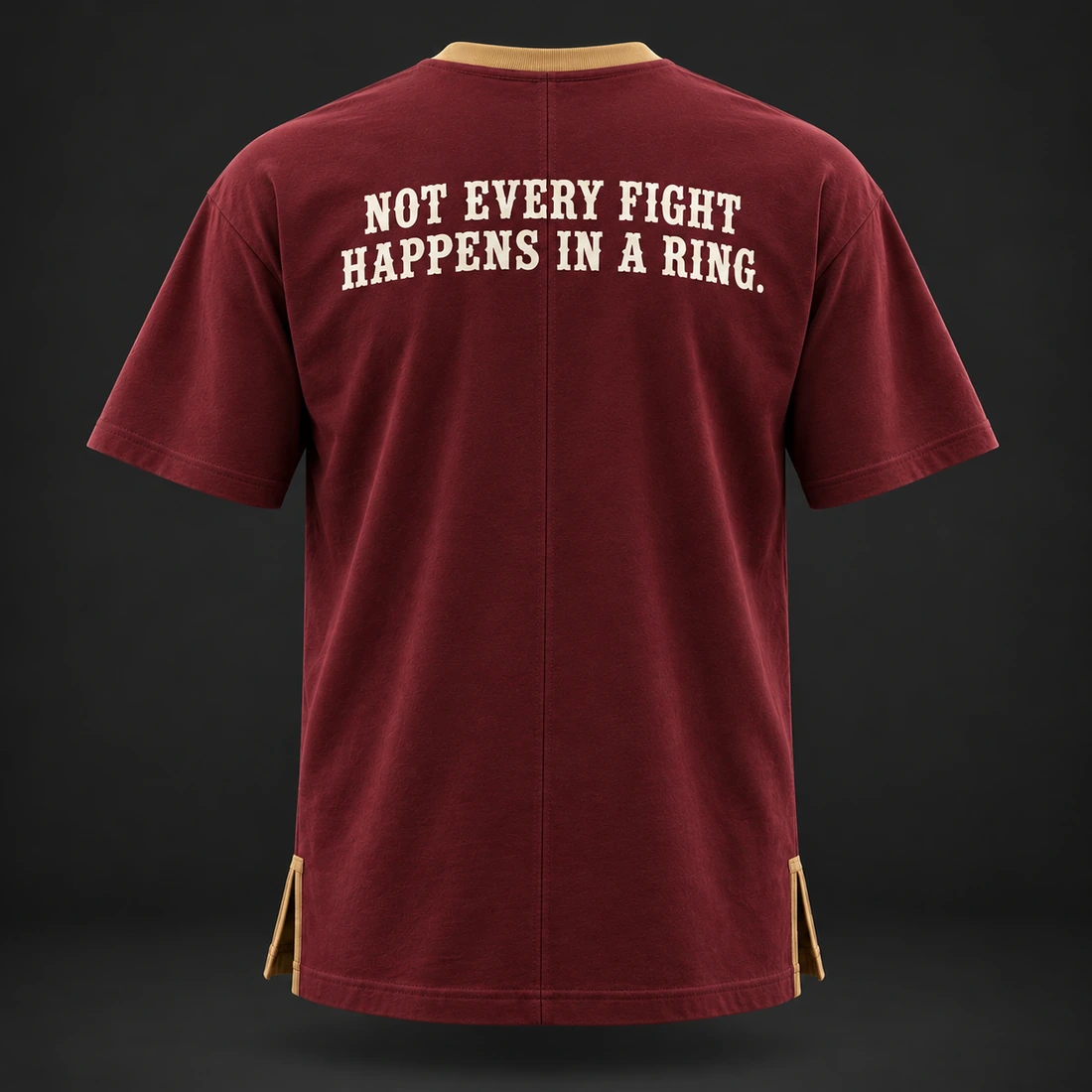 Quiet Rounds Longline Tee — Oxblood / Brass — Back view (AI demo concept)