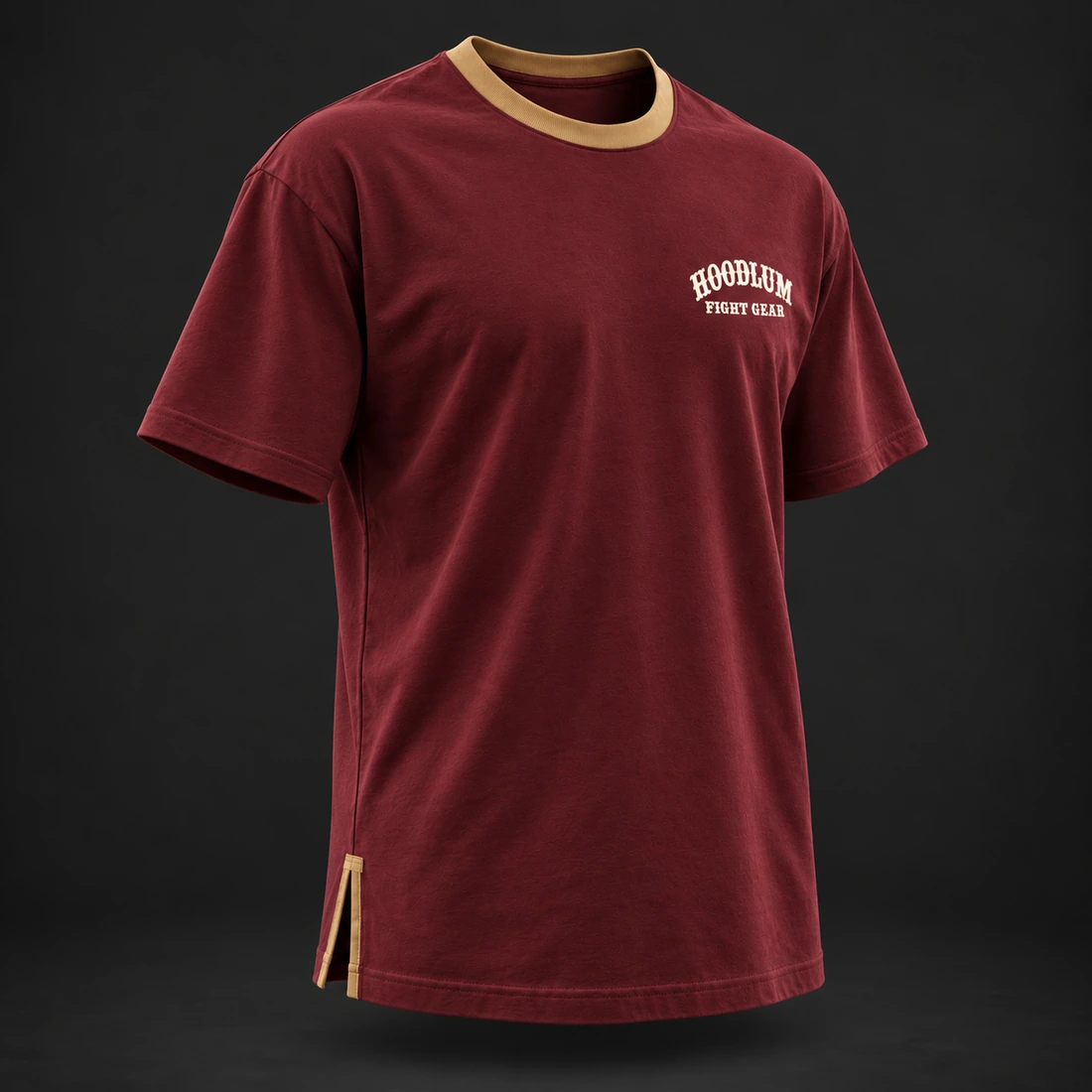 Quiet Rounds Longline Tee — Oxblood / Brass — Three-quarter view (AI demo concept)