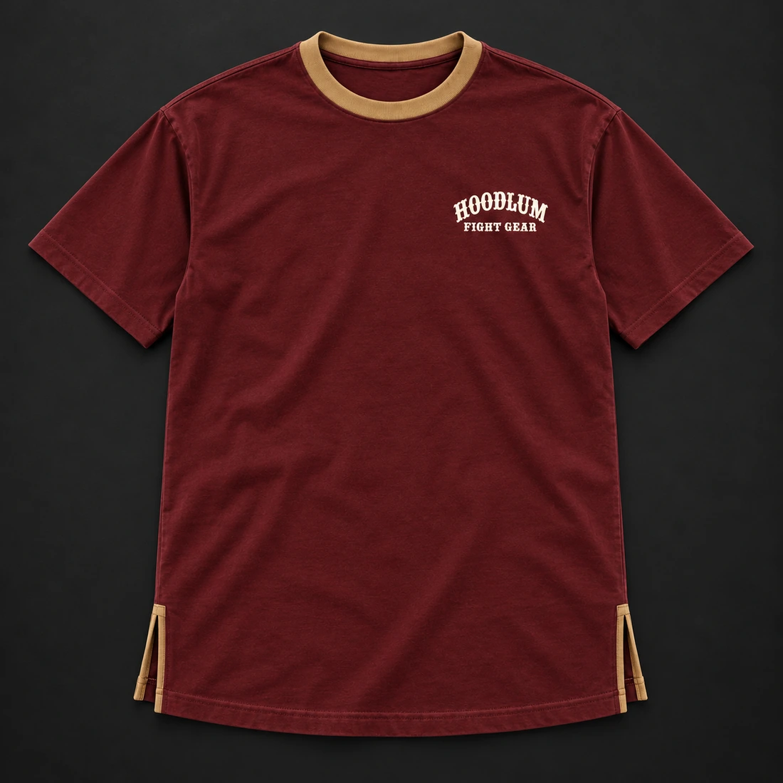 Quiet Rounds Longline Tee — Oxblood / Brass — Flat-lay view (AI demo concept)
