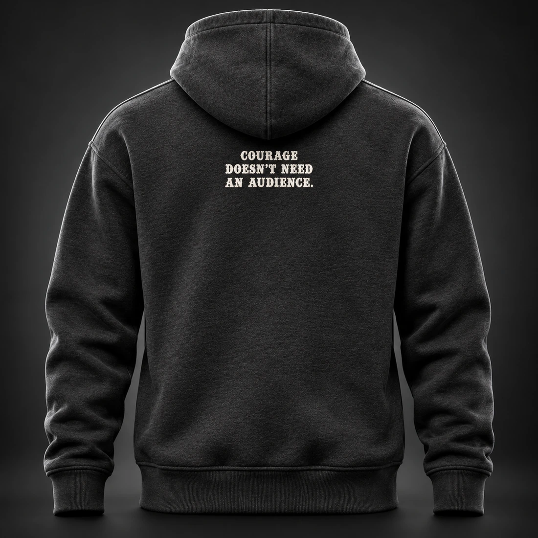 Quiet Strength Funnel Hoodie — Back view (AI demo concept)