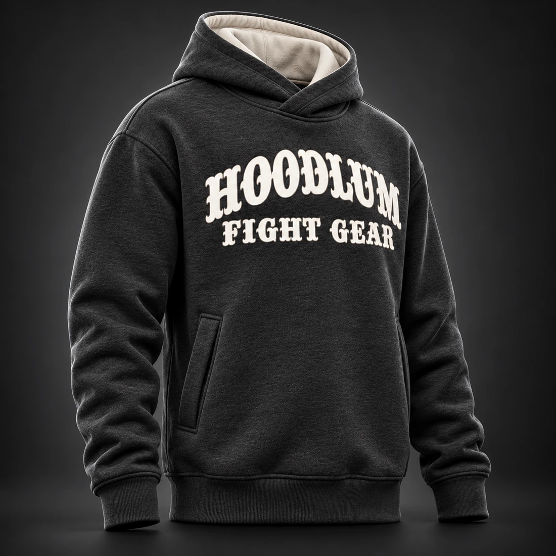 Quiet Strength Funnel Hoodie — Three-quarter view (AI demo concept)