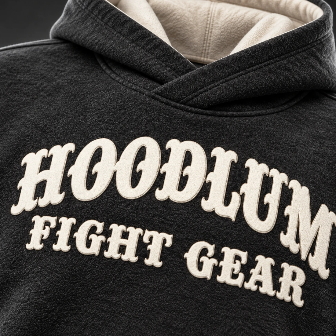Quiet Strength Funnel Hoodie — Branding detail (AI demo concept)