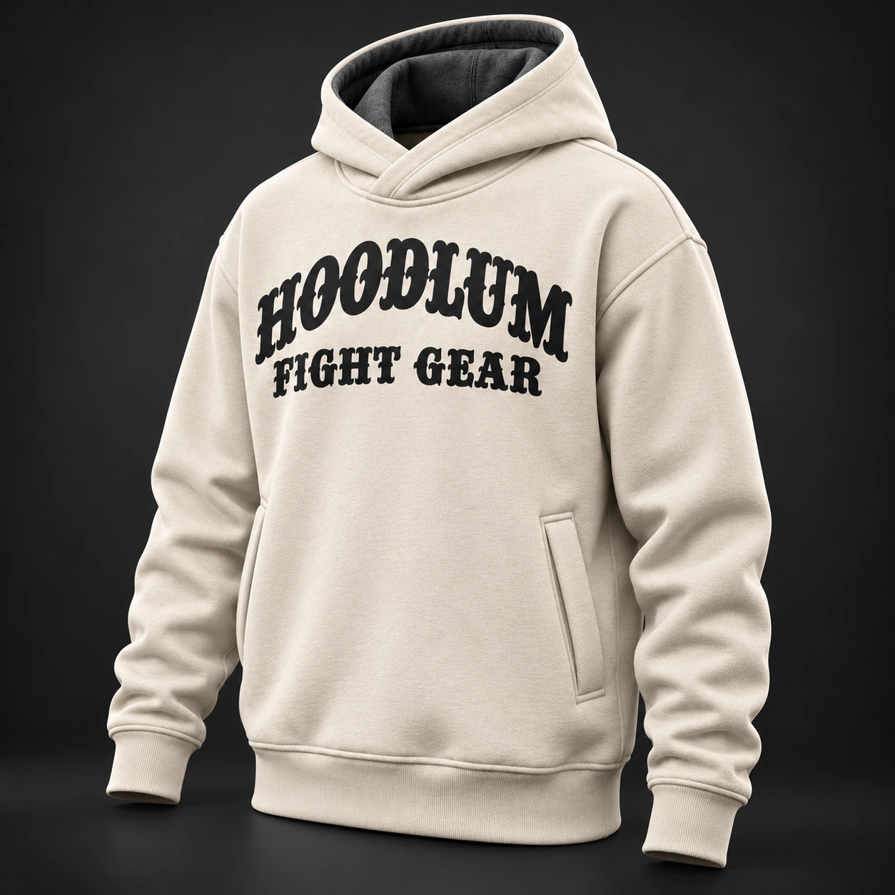 Quiet Strength Funnel Hoodie — Bone / Graphite — Three-quarter view (AI demo concept)