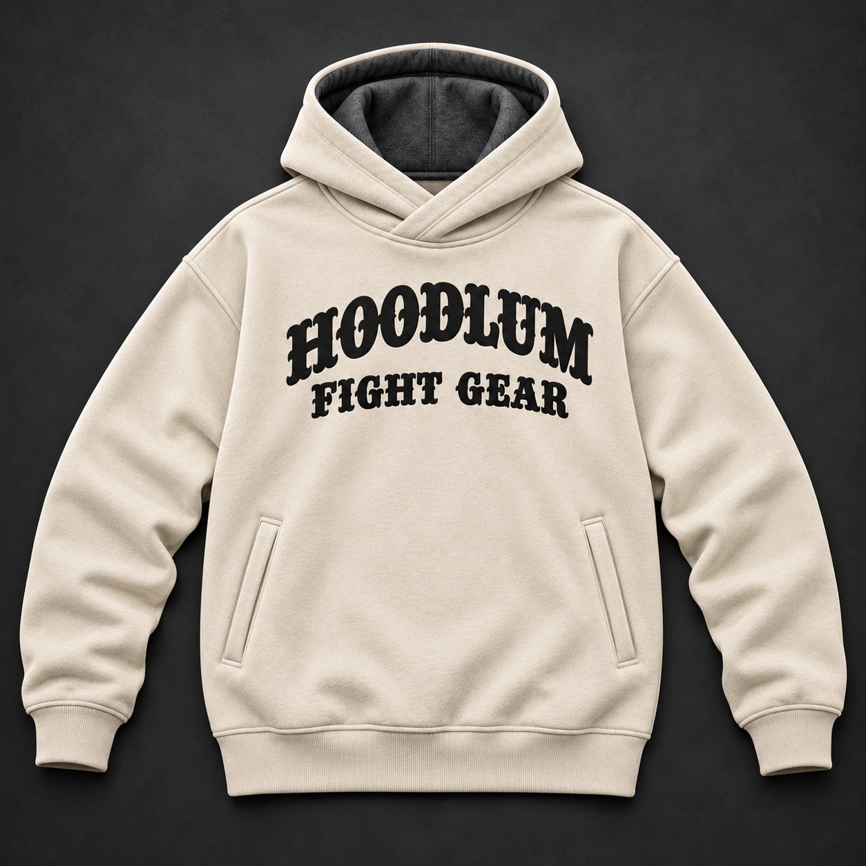 Quiet Strength Funnel Hoodie — Bone / Graphite — Flat-lay view (AI demo concept)