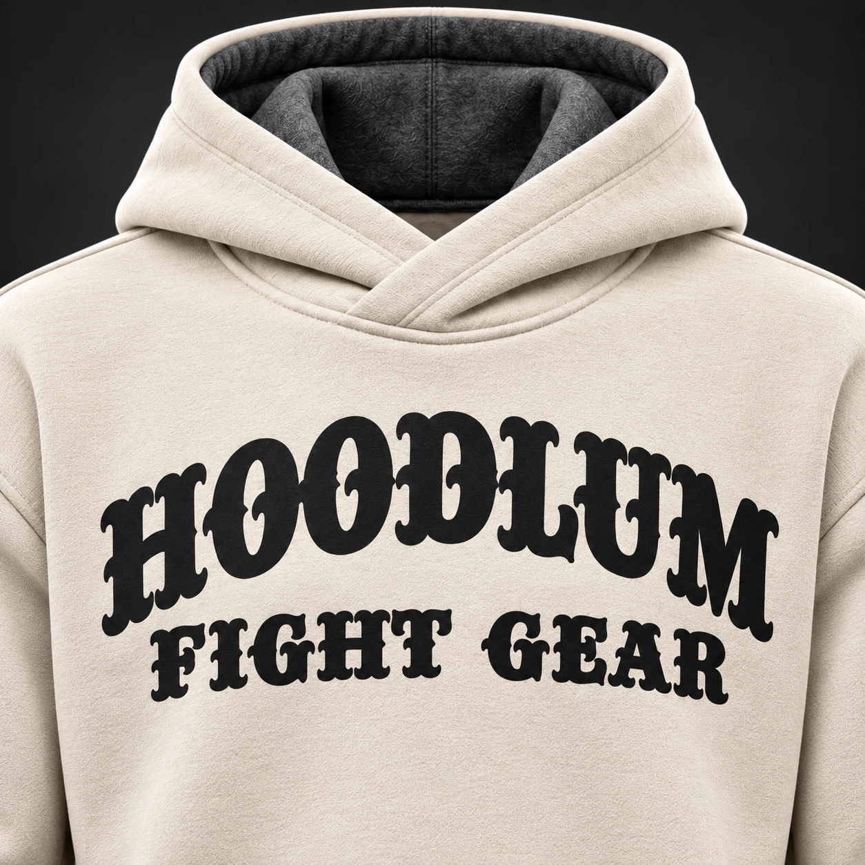 Quiet Strength Funnel Hoodie — Bone / Graphite — Branding detail (AI demo concept)
