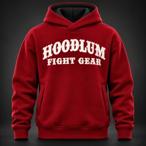 Quiet Strength Funnel Hoodie — Crimson / Onyx — Front view (AI demo concept)