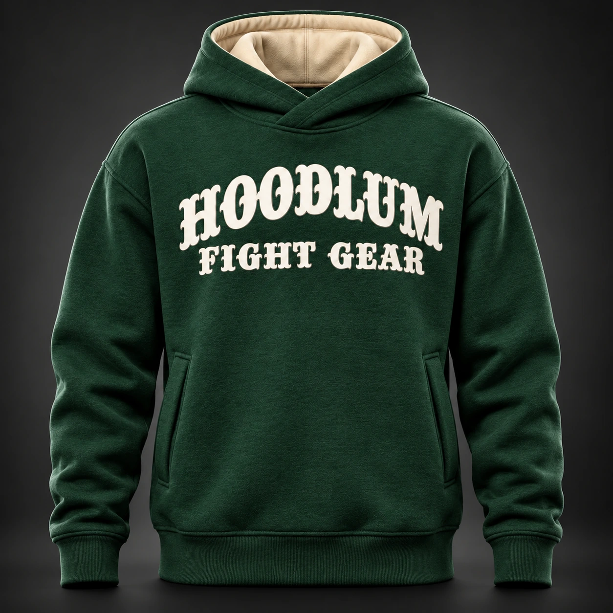 Quiet Strength Funnel Hoodie — Forest / Sand — Front view (AI demo concept)