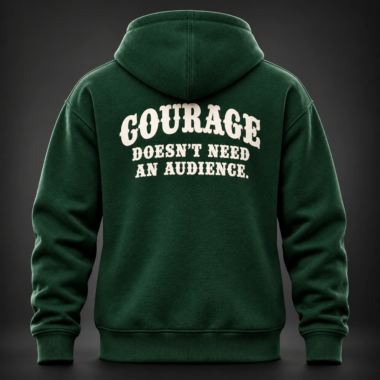 Quiet Strength Funnel Hoodie — Forest / Sand — Back view (AI demo concept)