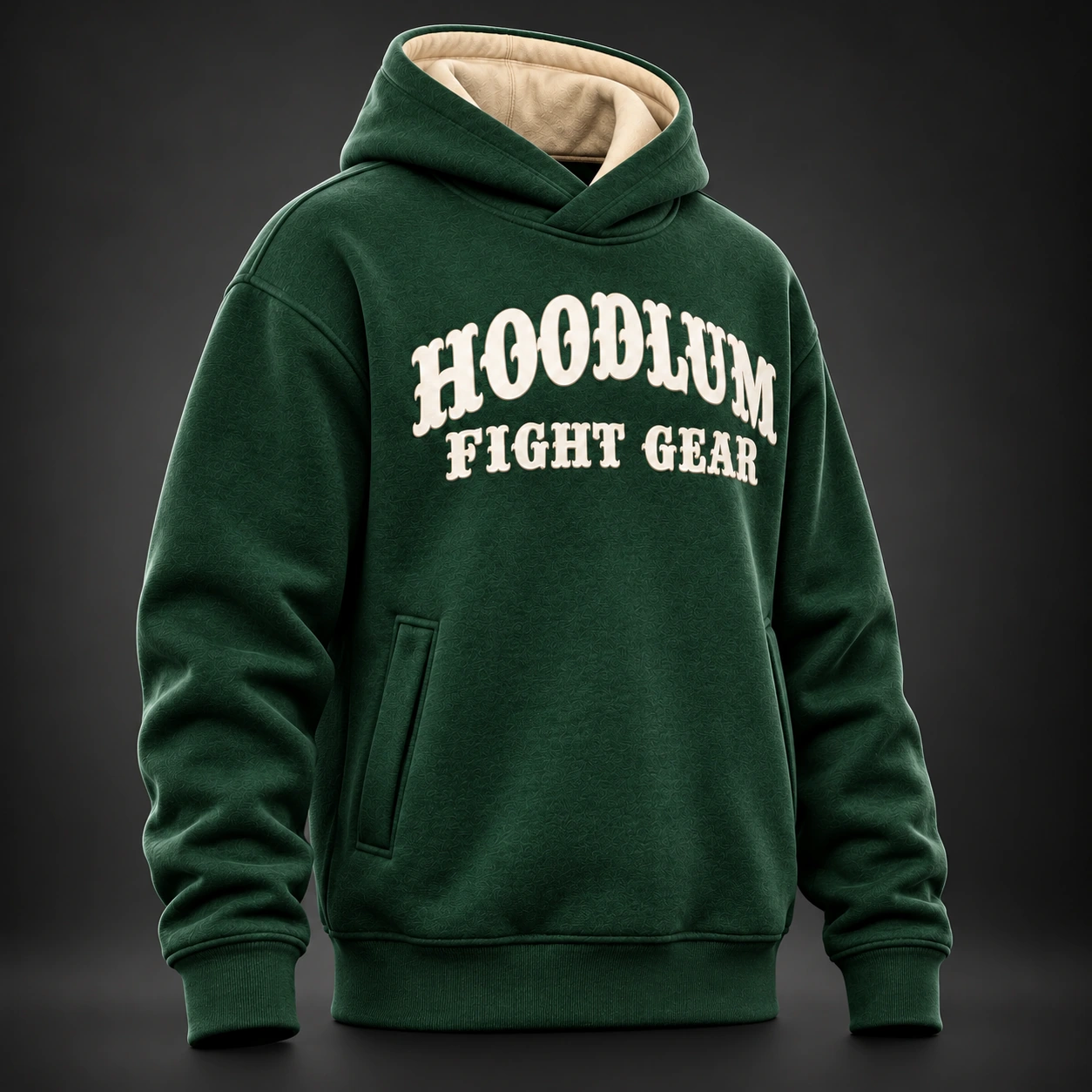 Quiet Strength Funnel Hoodie — Forest / Sand — Three-quarter view (AI demo concept)