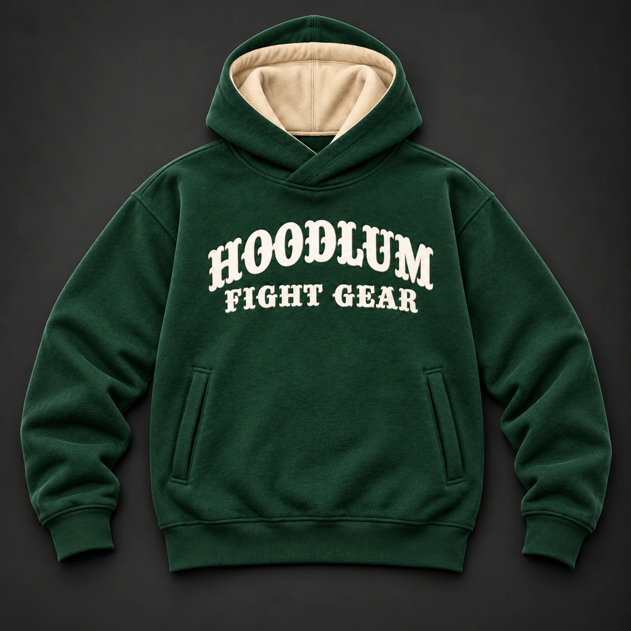 Quiet Strength Funnel Hoodie — Forest / Sand — Flat-lay view (AI demo concept)