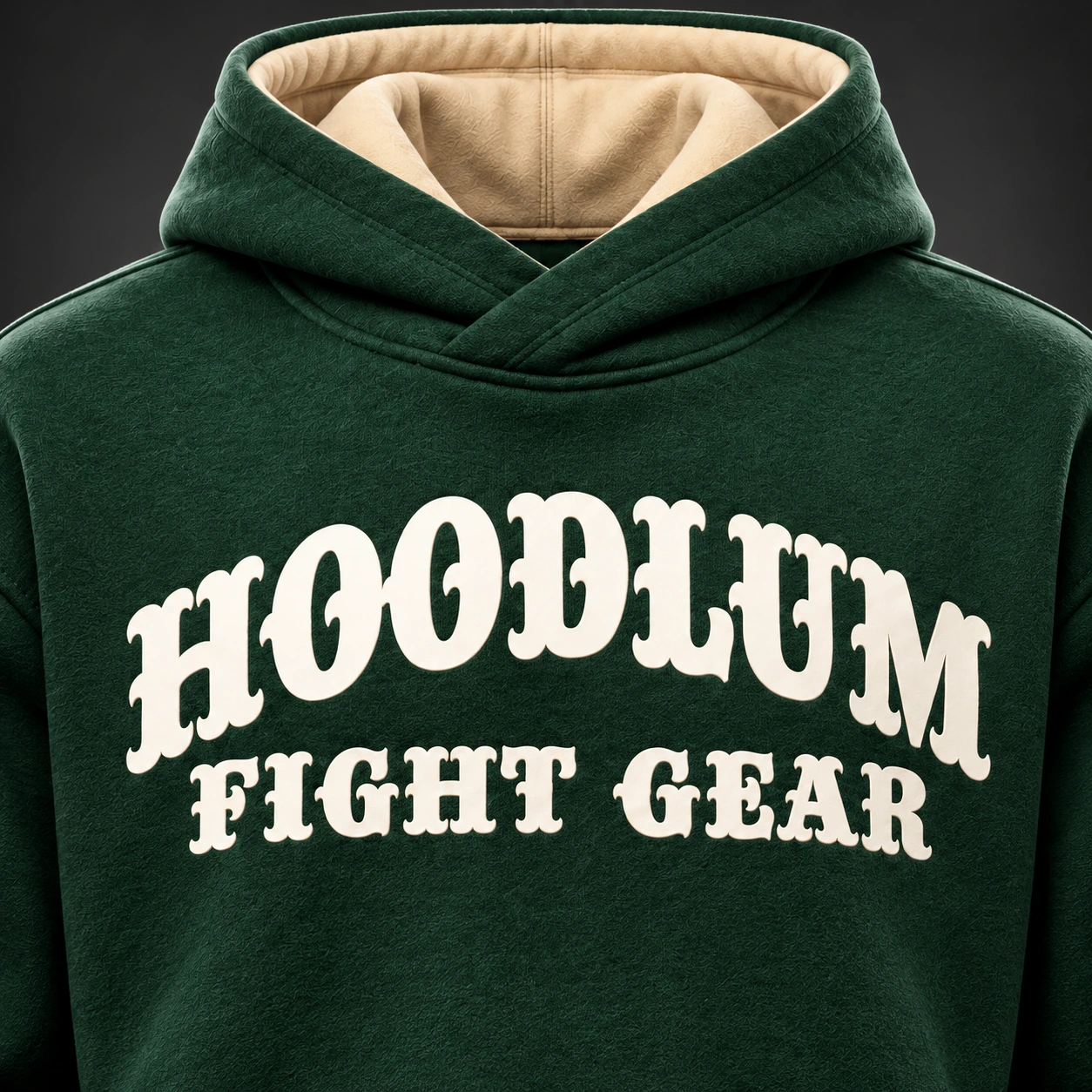 Quiet Strength Funnel Hoodie — Forest / Sand — Branding detail (AI demo concept)