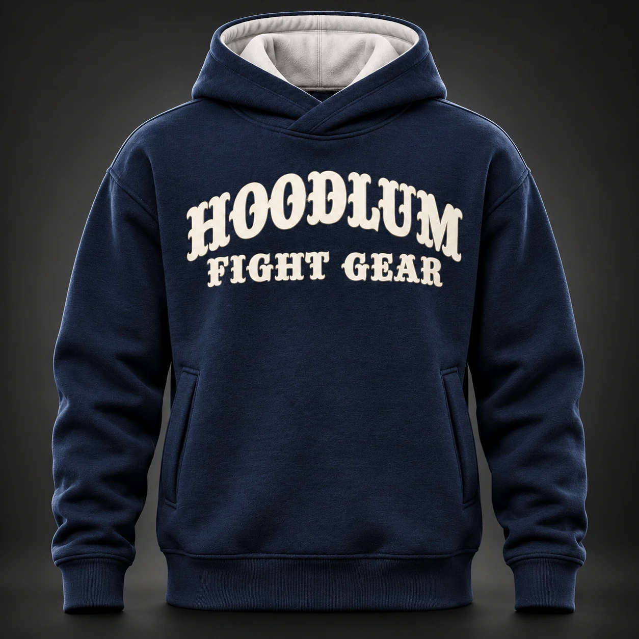 Quiet Strength Funnel Hoodie — Midnight / Ice — Front view (AI demo concept)