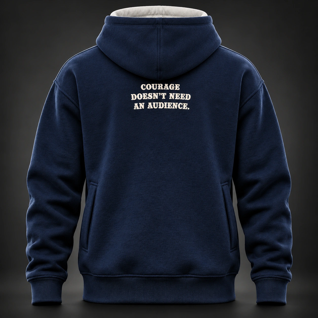 Quiet Strength Funnel Hoodie — Midnight / Ice — Back view (AI demo concept)