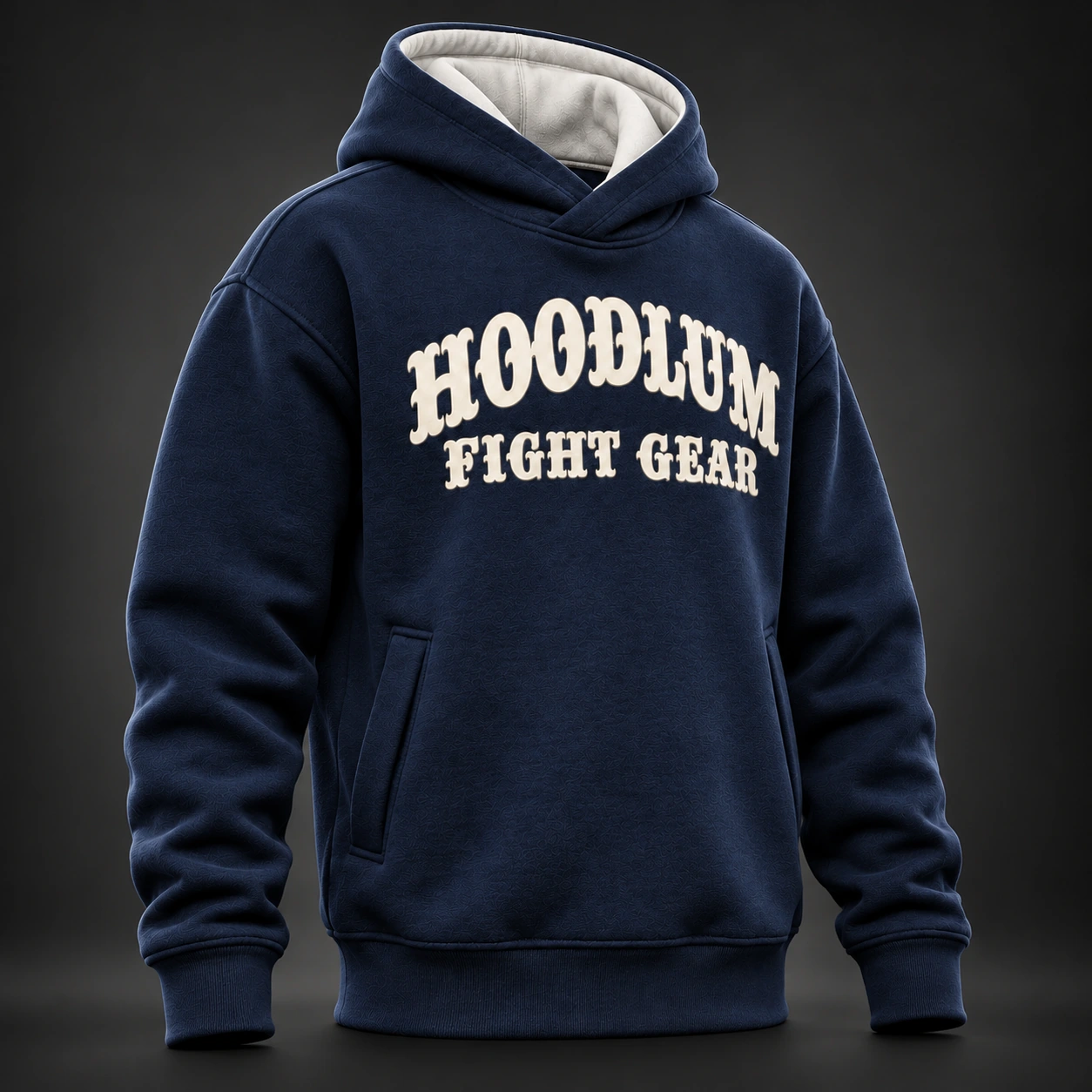 Quiet Strength Funnel Hoodie — Midnight / Ice — Three-quarter view (AI demo concept)