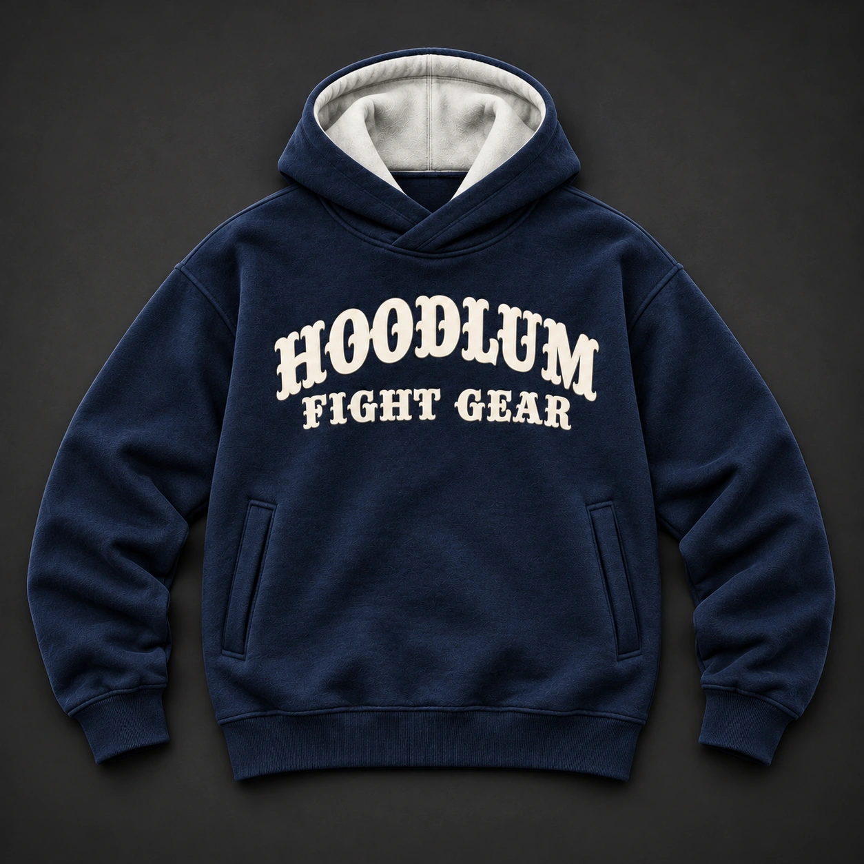 Quiet Strength Funnel Hoodie — Midnight / Ice — Flat-lay view (AI demo concept)