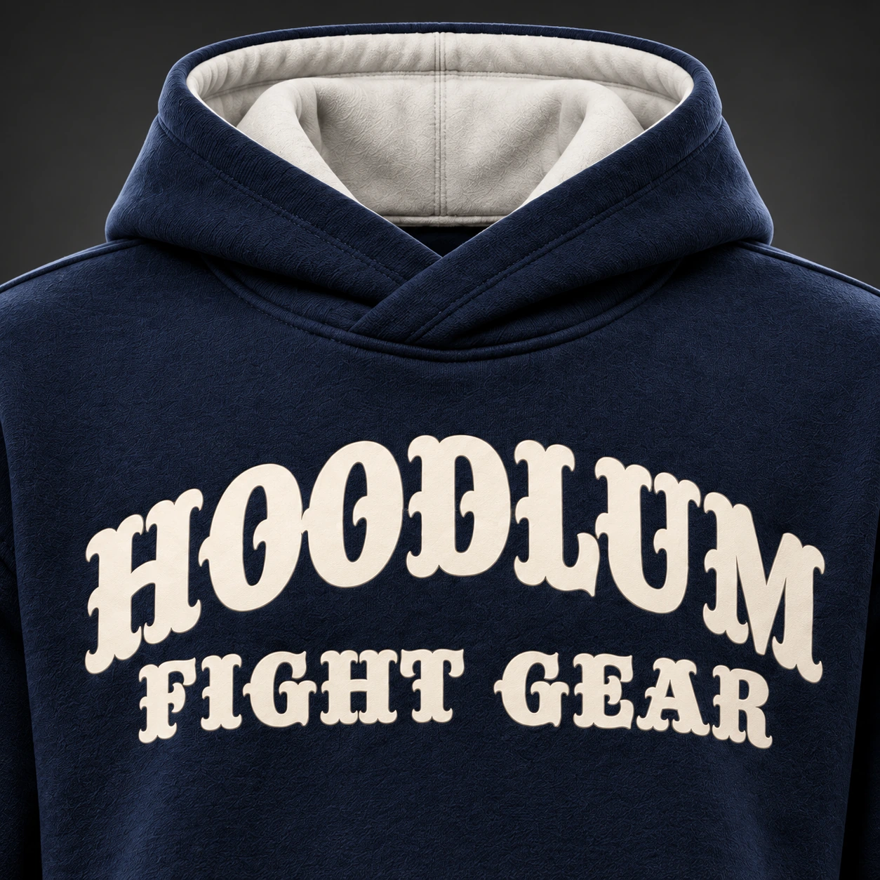 Quiet Strength Funnel Hoodie — Midnight / Ice — Branding detail (AI demo concept)
