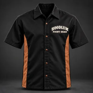 Ring Legacy Coach Shirt — Black / Copper — Front view (AI demo concept)