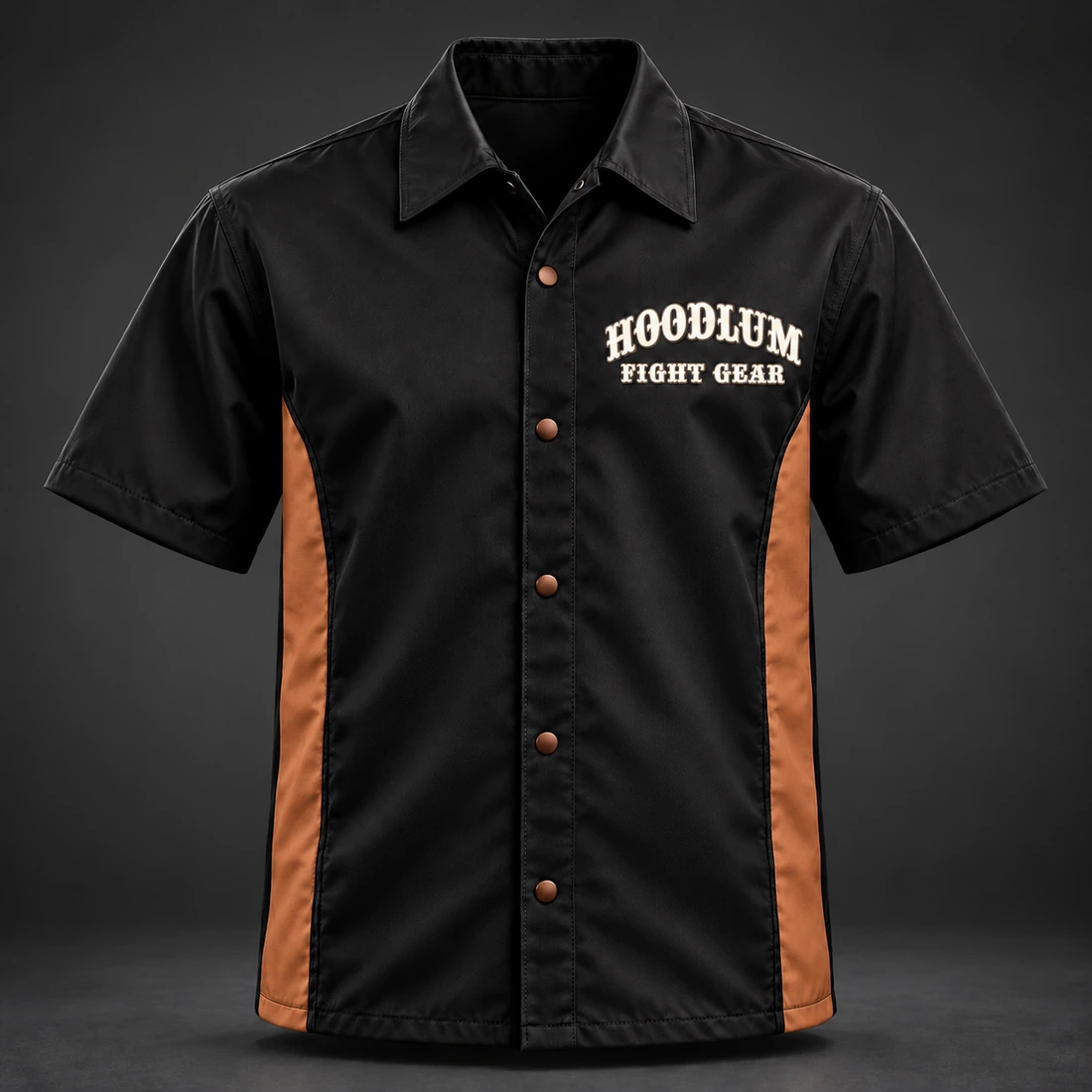 Ring Legacy Coach Shirt — Black / Copper — Front view (AI demo concept)