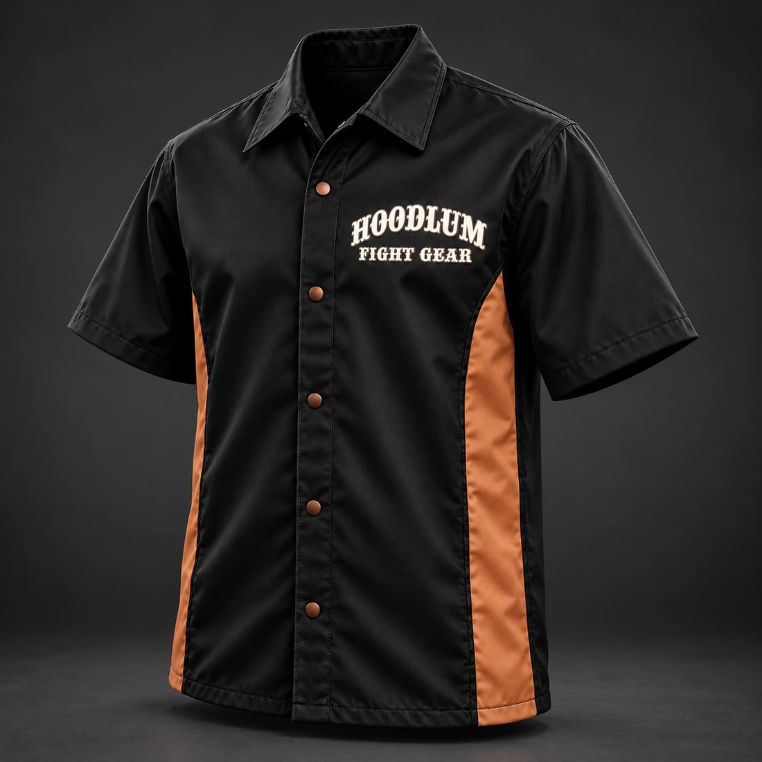 Ring Legacy Coach Shirt — Black / Copper — Three-quarter view (AI demo concept)