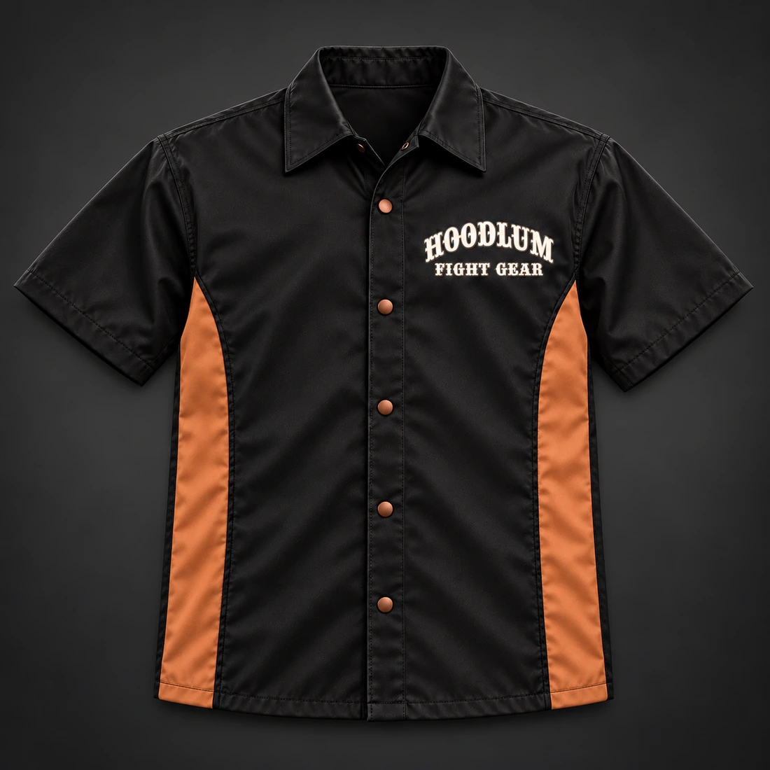 Ring Legacy Coach Shirt — Black / Copper — Flat-lay view (AI demo concept)