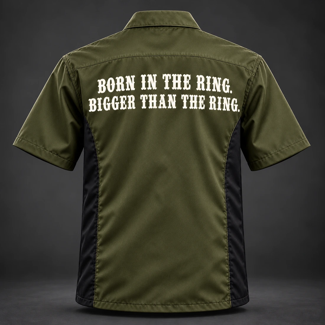 Ring Legacy Coach Shirt — Olive / Carbon — Back view (AI demo concept)