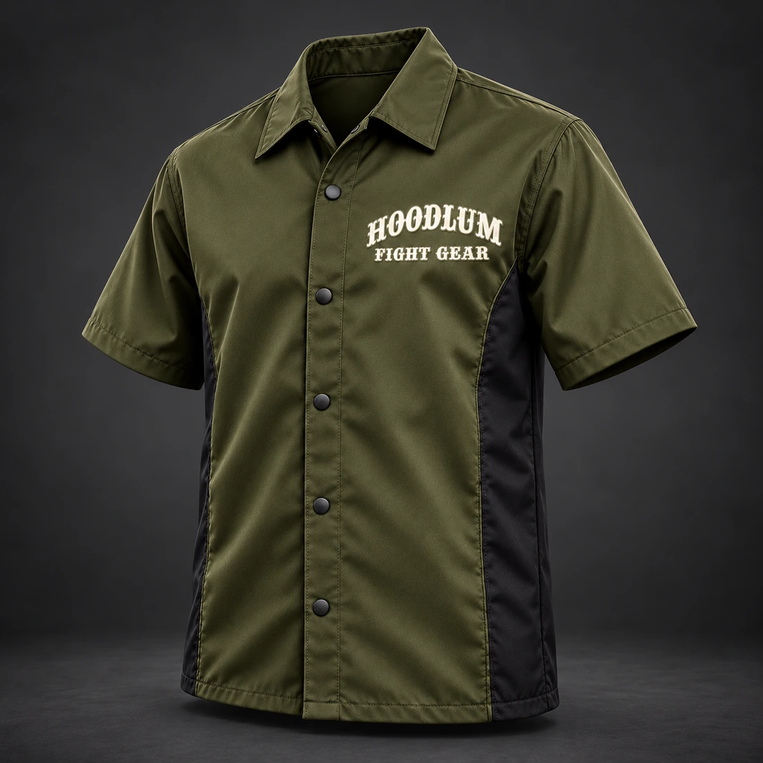 Ring Legacy Coach Shirt — Olive / Carbon — Three-quarter view (AI demo concept)