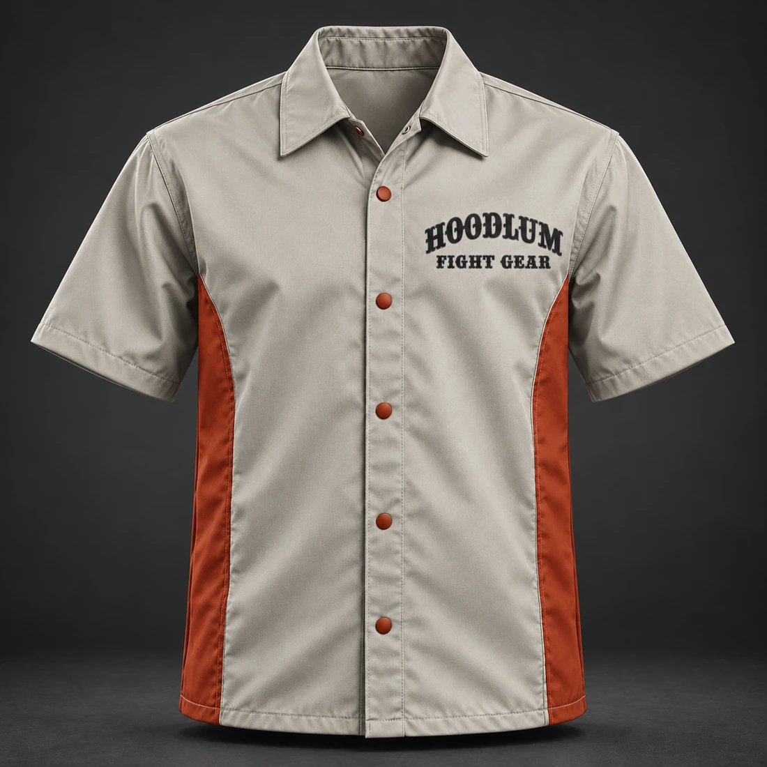 Ring Legacy Coach Shirt — Stone / Rust — Front view (AI demo concept)
