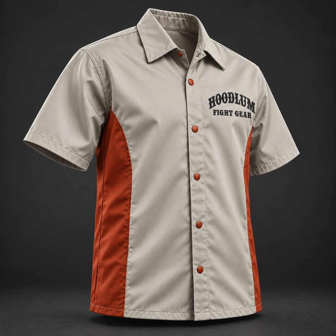 Ring Legacy Coach Shirt — Stone / Rust — Three-quarter view (AI demo concept)