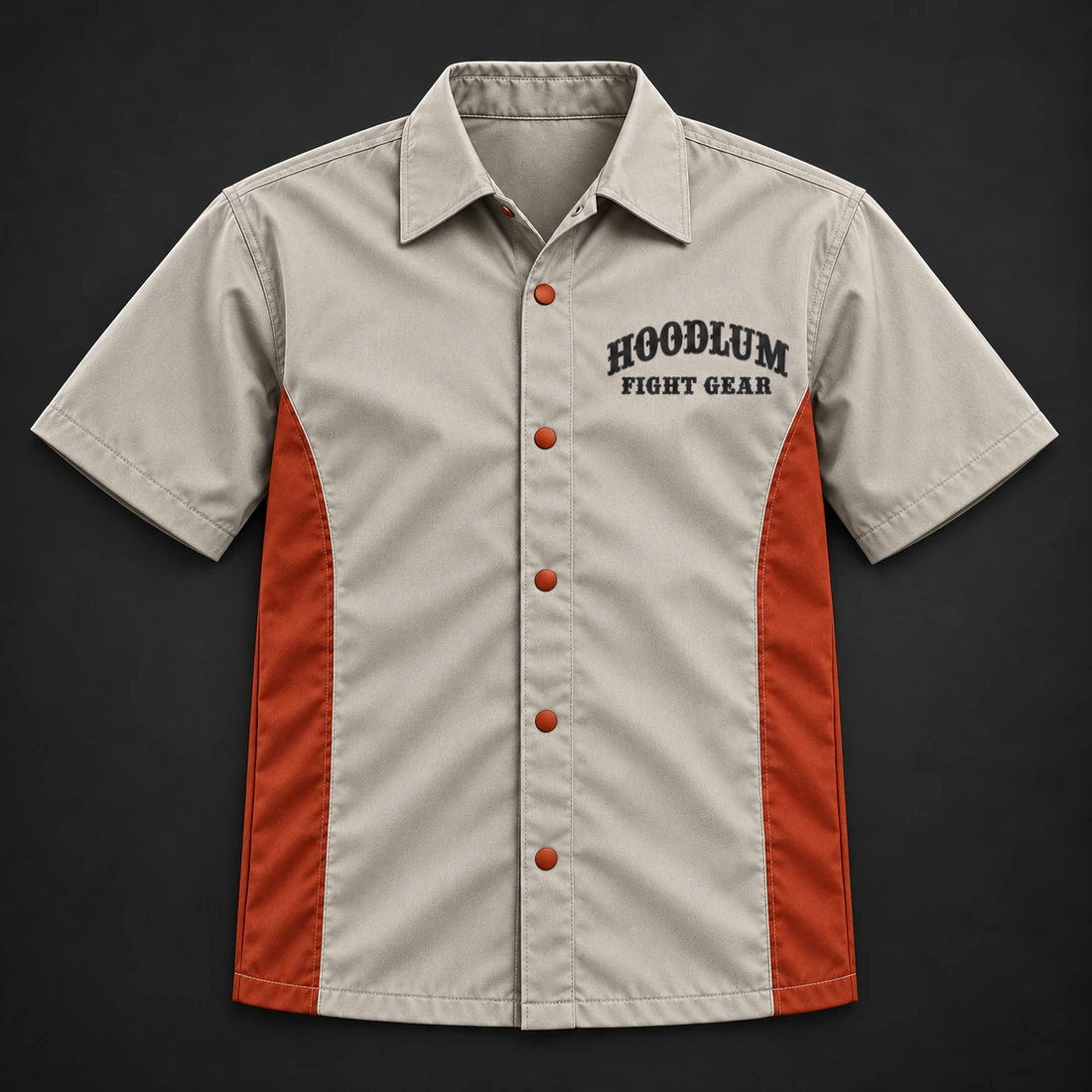 Ring Legacy Coach Shirt — Stone / Rust — Flat-lay view (AI demo concept)