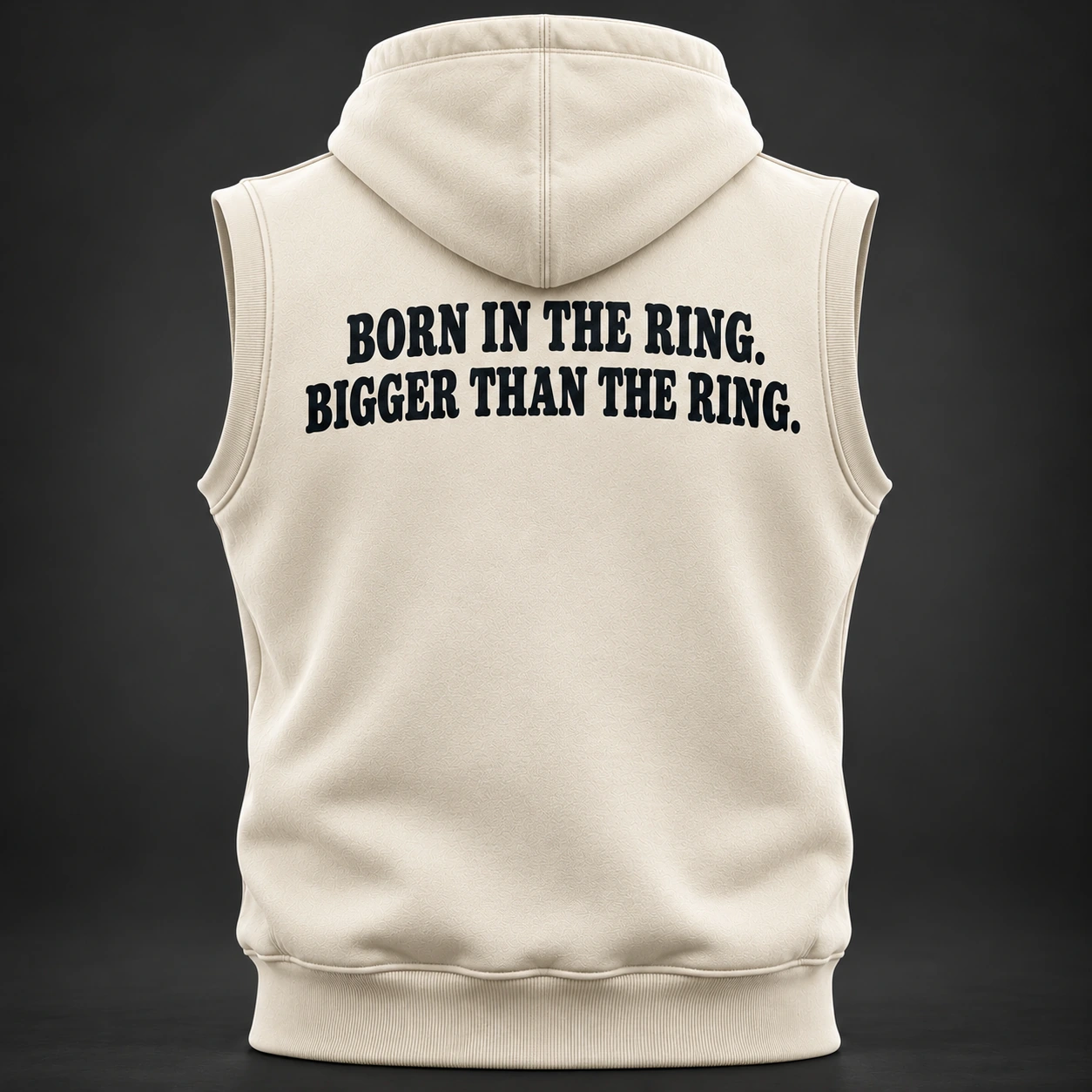 Ring Legacy Sleeveless Hoodie — Bone / Graphite — Back view (AI demo concept)