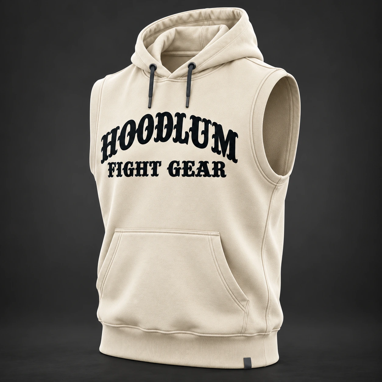Ring Legacy Sleeveless Hoodie — Bone / Graphite — Three-quarter view (AI demo concept)