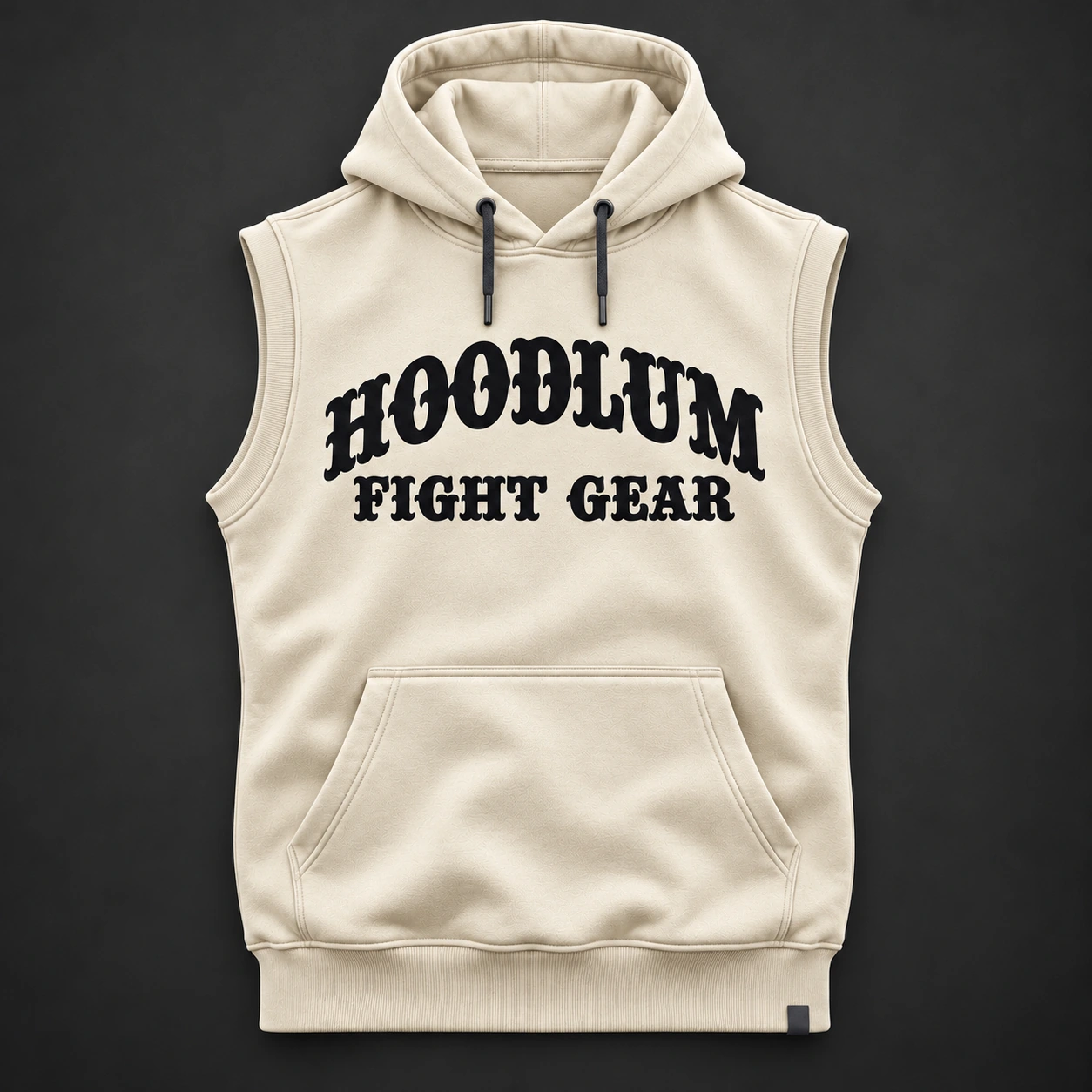 Ring Legacy Sleeveless Hoodie — Bone / Graphite — Flat-lay view (AI demo concept)