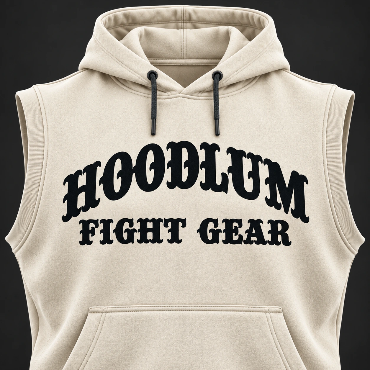 Ring Legacy Sleeveless Hoodie — Bone / Graphite — Branding detail (AI demo concept)
