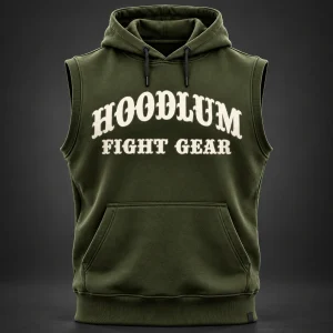 Ring Legacy Sleeveless Hoodie — Olive / Carbon — Front view (AI demo concept)