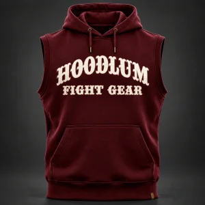 Ring Legacy Sleeveless Hoodie — Oxblood / Brass — Front view (AI demo concept)