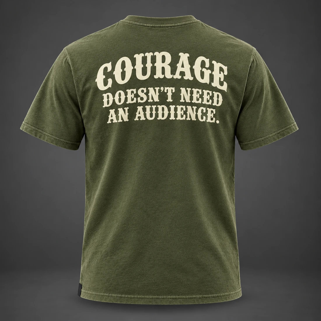 Silent Courage Tee — Olive / Carbon — Back view (AI demo concept)